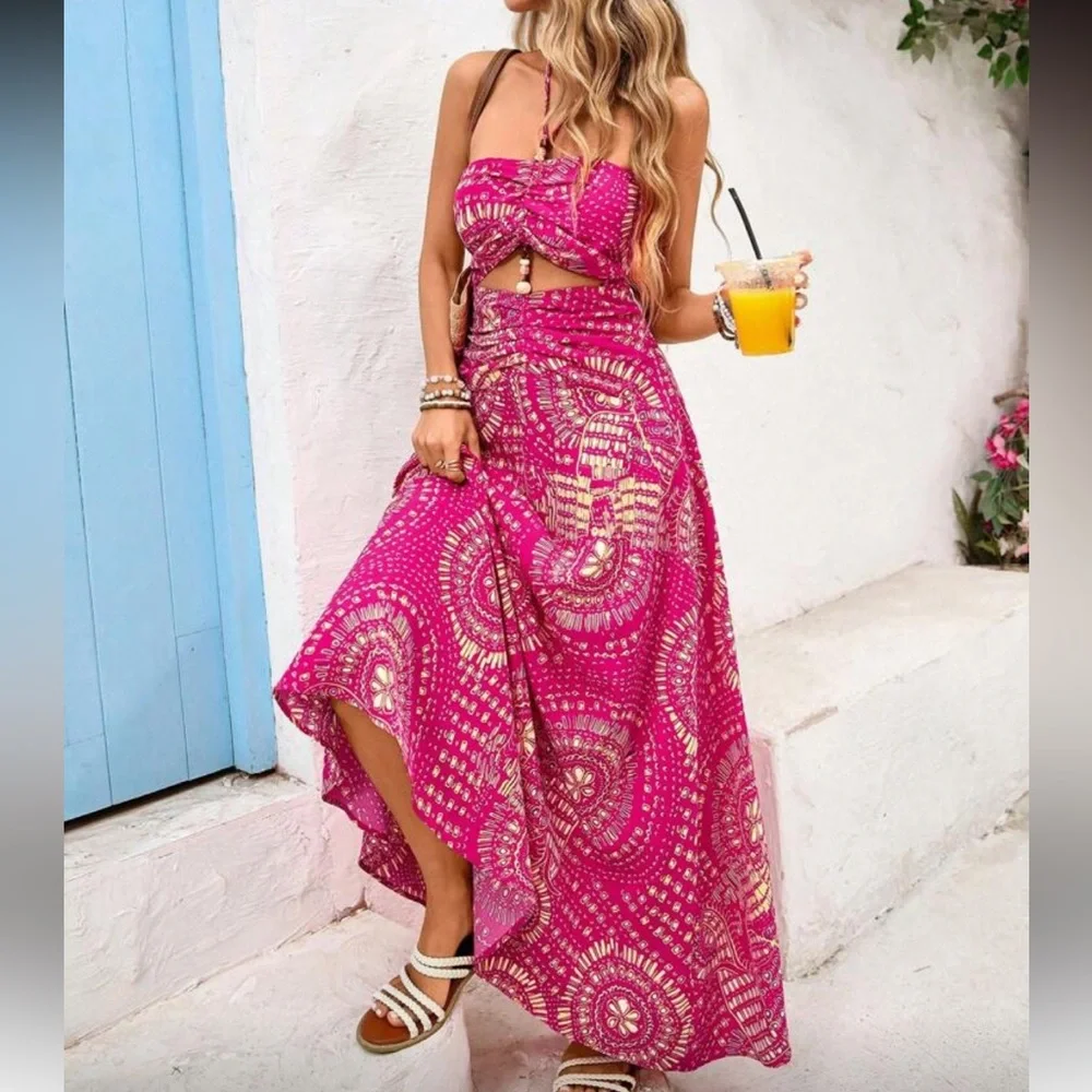 Elegant Boho Pink Cutout Bead Halter Maxi Dress - Picture 6 of 7